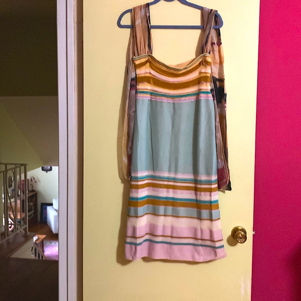 M Missoni knit shift dress with and silk scarves for each shoulder.